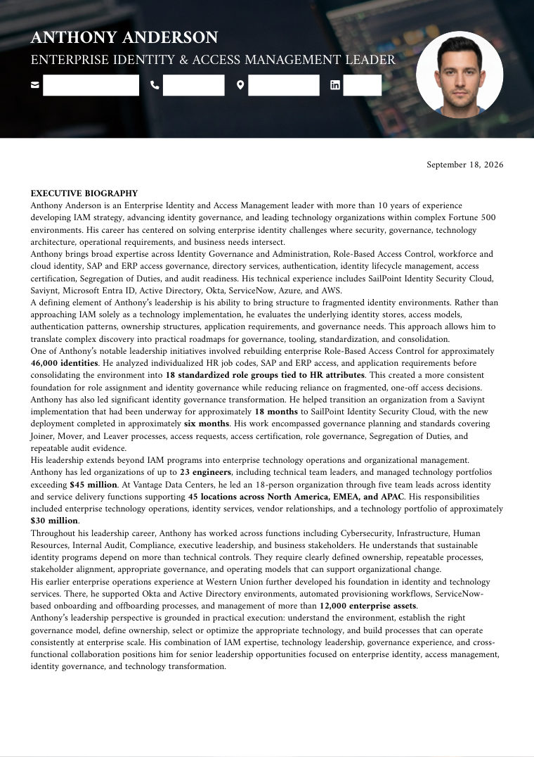Executive Biography sample, first page