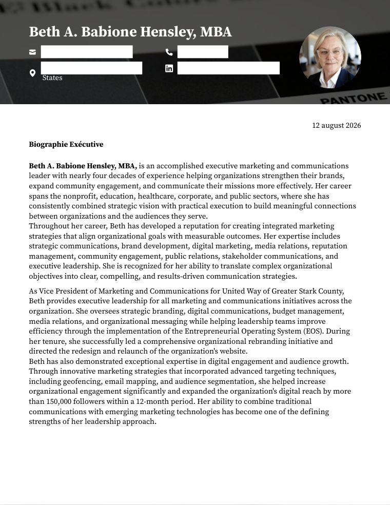 Executive Biography sample, first page