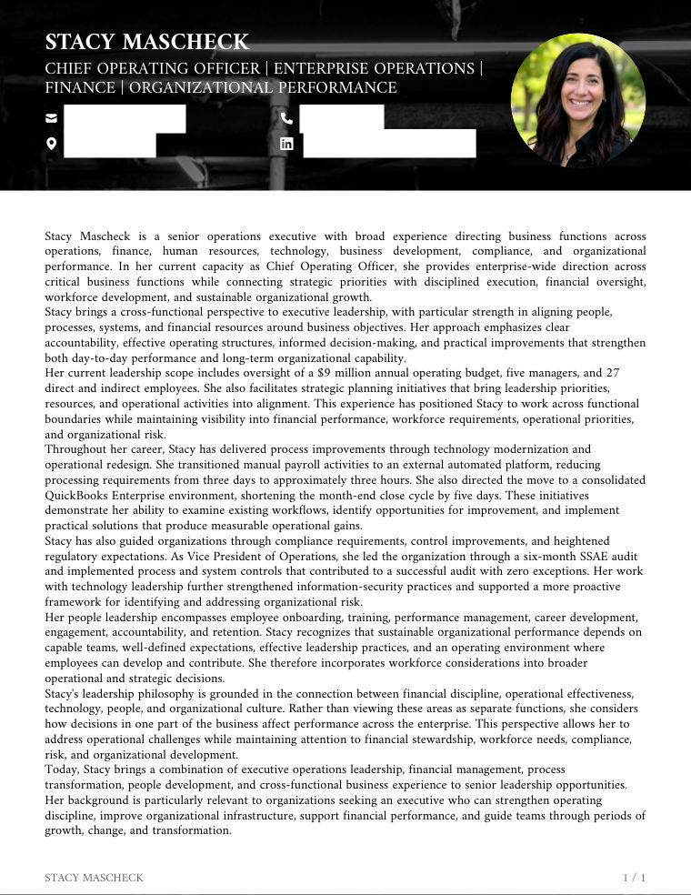 Executive Biography sample, first page