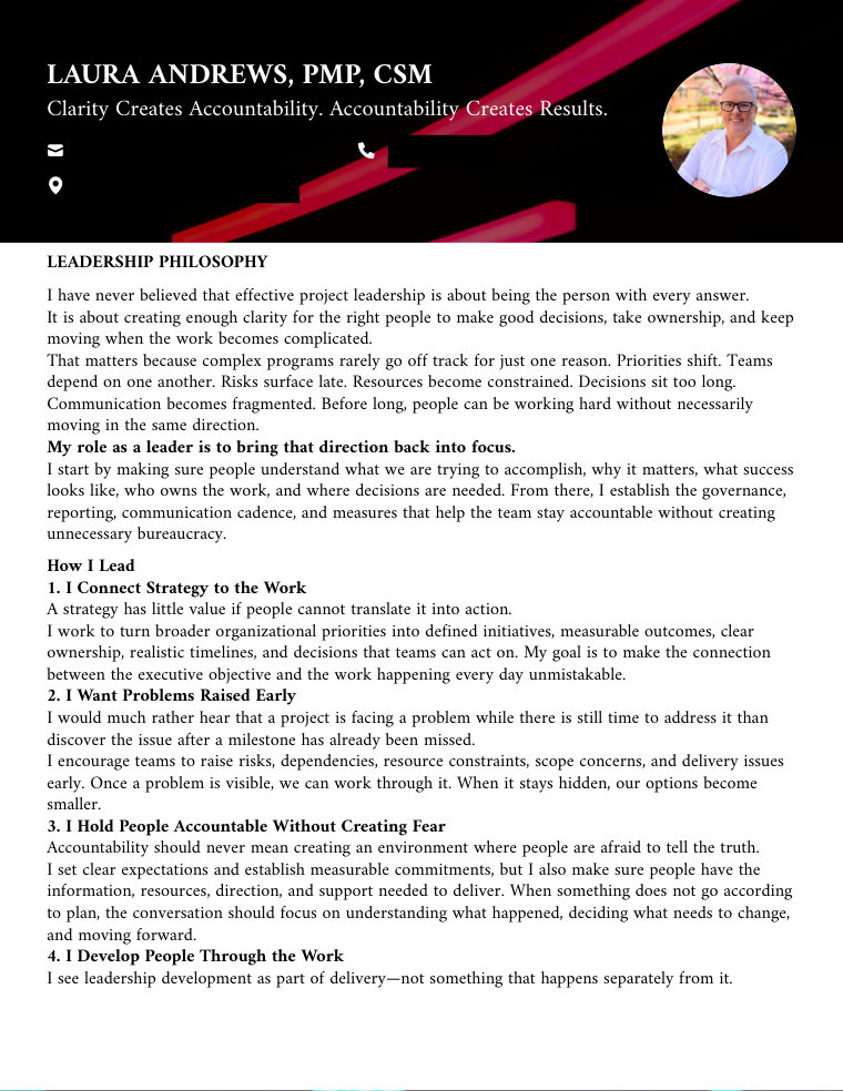 Leadership Portfolio sample, first page