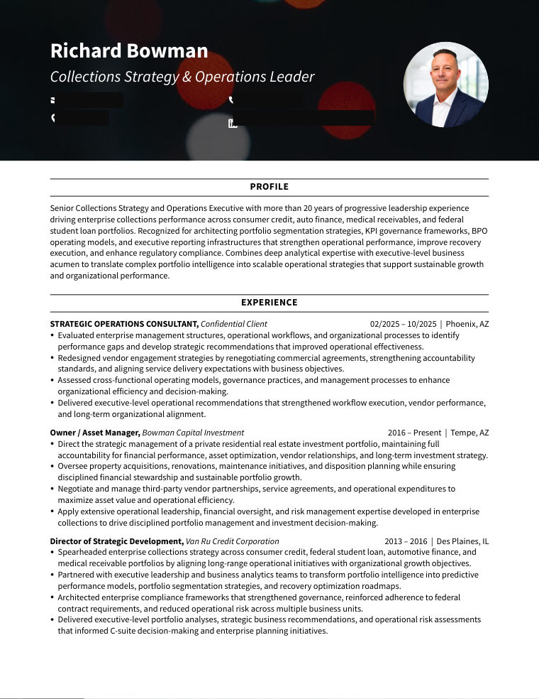 Executive Resume sample, first page