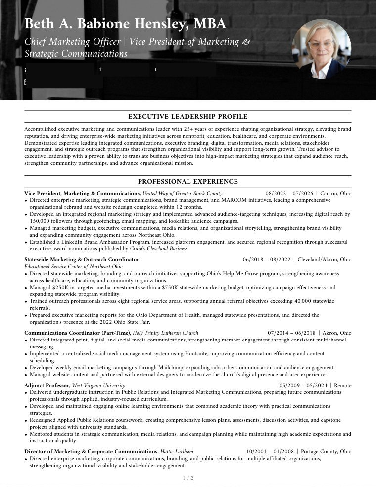 Executive Resume sample, first page