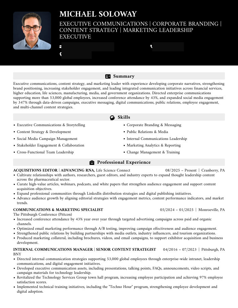 Executive Resume sample, first page