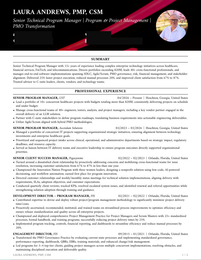 Executive Resume sample, first page